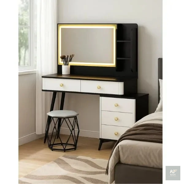 modern dressing table set featuring an LED mirror, modern dressing table set, LED mirror dressing table, dressing table with LED mirror, makeup vanity with LED mirror, makeup vanity set, vanity table