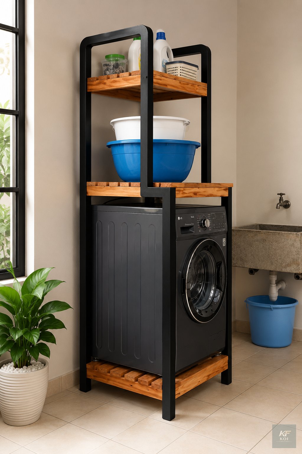 Cypress Wood and Black Machine Shelving, cypress wood machine shelving, black machine shelving, industrial machine shelving, heavy-duty shelving, industrial storage rack, machine storage shelf, wareho