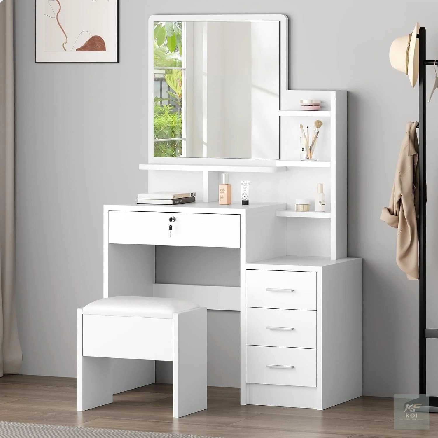 White Vanity Dressing Table With Storage, white vanity dressing table, vanity dressing table with storage, white makeup vanity, dressing table with drawers, vanity table with mirror, makeup vanity tab
