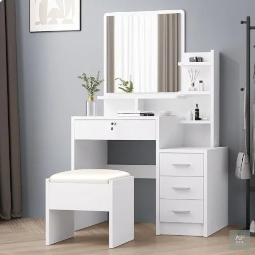 White Vanity Dressing Table With Storage, white vanity dressing table, vanity dressing table with storage, white makeup vanity, dressing table with drawers, vanity table with mirror, makeup vanity tab