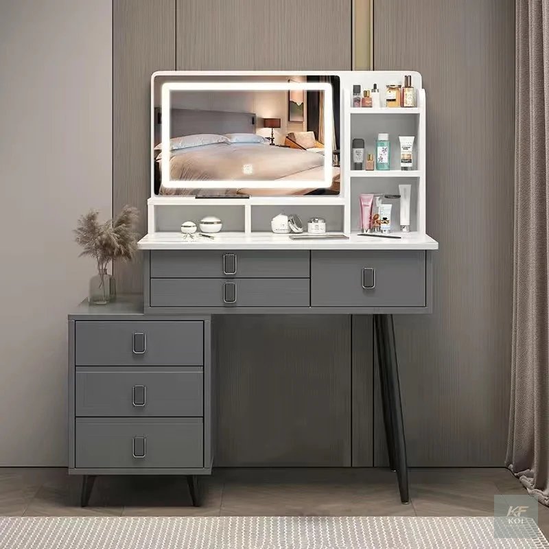 modern dressing table set featuring an LED mirror, modern dressing table set, LED mirror dressing table, dressing table with LED mirror, makeup vanity with LED mirror, makeup vanity set, vanity table