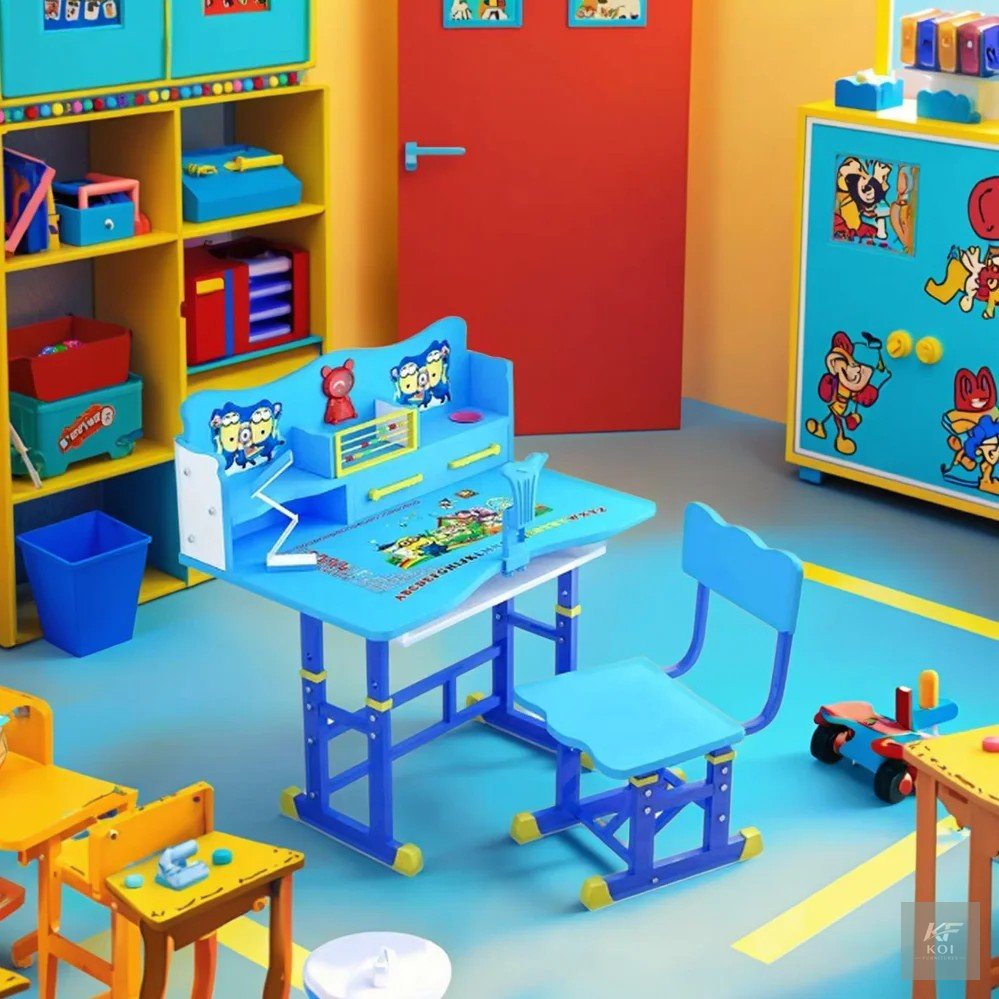 adjustable blue kids' study desk and seat set, blue kids study desk and chair, adjustable kids study desk, kids study desk and chair set, ergonomic kids desk and chair, children's study table, kids st