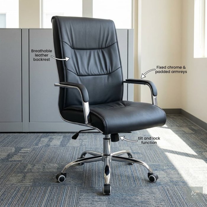 black PU leather executive office chair, black leather executive office chair, PU leather office chair, executive office chair, black executive chair, ergonomic executive office chair, high-back offic
