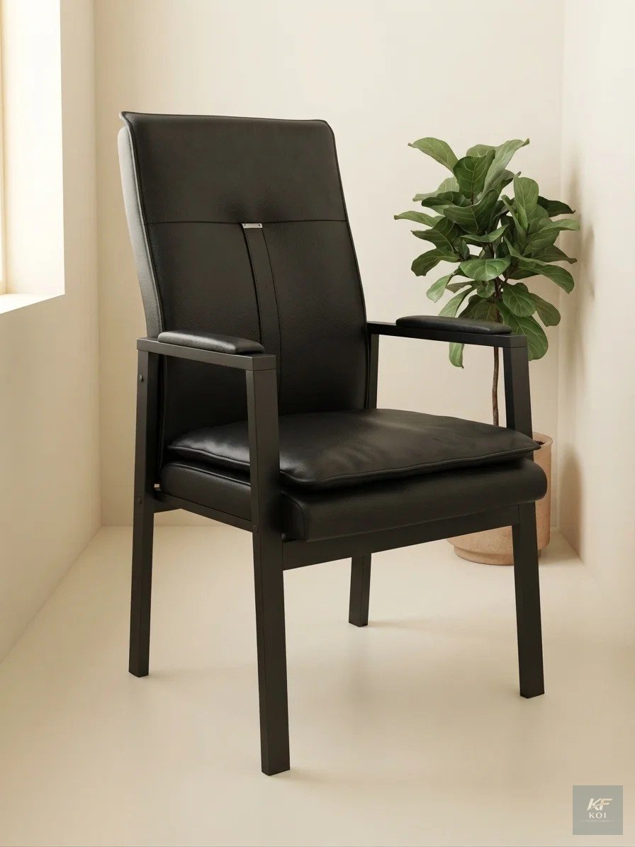 black leather reception chair, black reception chair, leather reception chair, reception waiting chair, office reception chair, office visitor chair, executive visitor chair, leather guest chair, offi