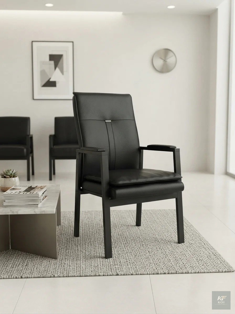 black leather reception chair, black reception chair, leather reception chair, reception waiting chair, office reception chair, office visitor chair, executive visitor chair, leather guest chair, offi