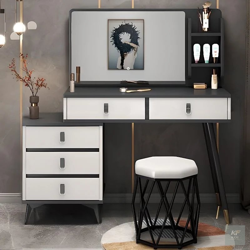 modern dressing table set featuring an LED mirror, modern dressing table set, LED mirror dressing table, dressing table with LED mirror, makeup vanity with LED mirror, makeup vanity set, vanity table
