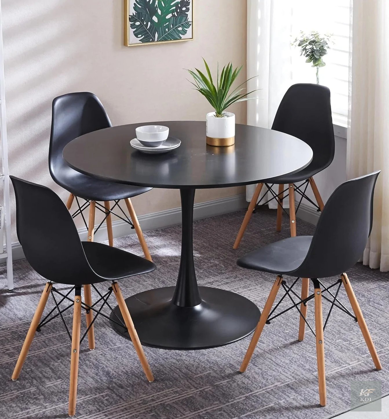 black Eames-style dining set, black Eames dining set, Eames dining table set, black dining table and chairs, modern dining set, Scandinavian dining set, contemporary dining furniture, dining table wit