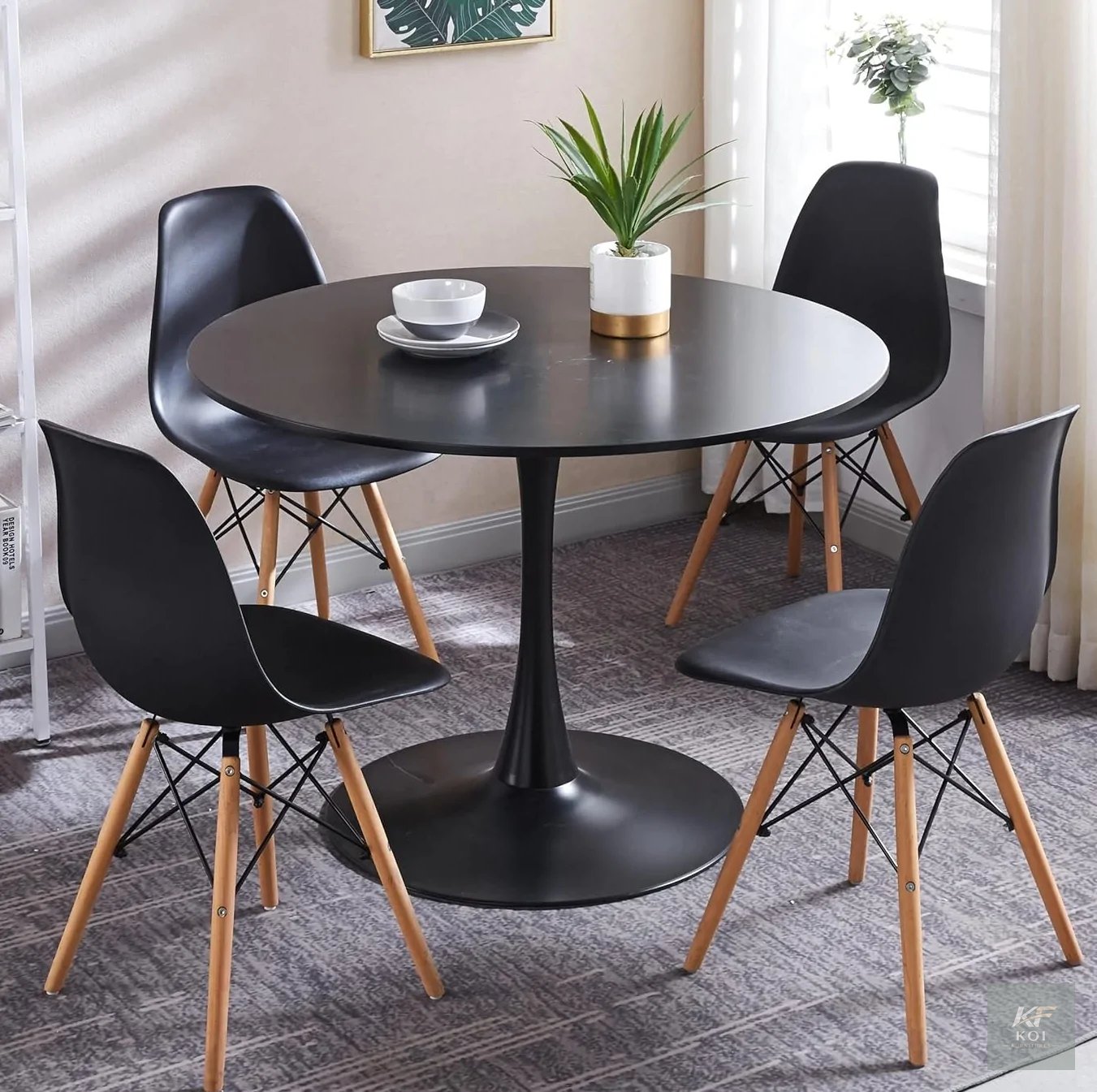 black Eames-style dining set, black Eames dining set, Eames dining table set, black dining table and chairs, modern dining set, Scandinavian dining set, contemporary dining furniture, dining table wit