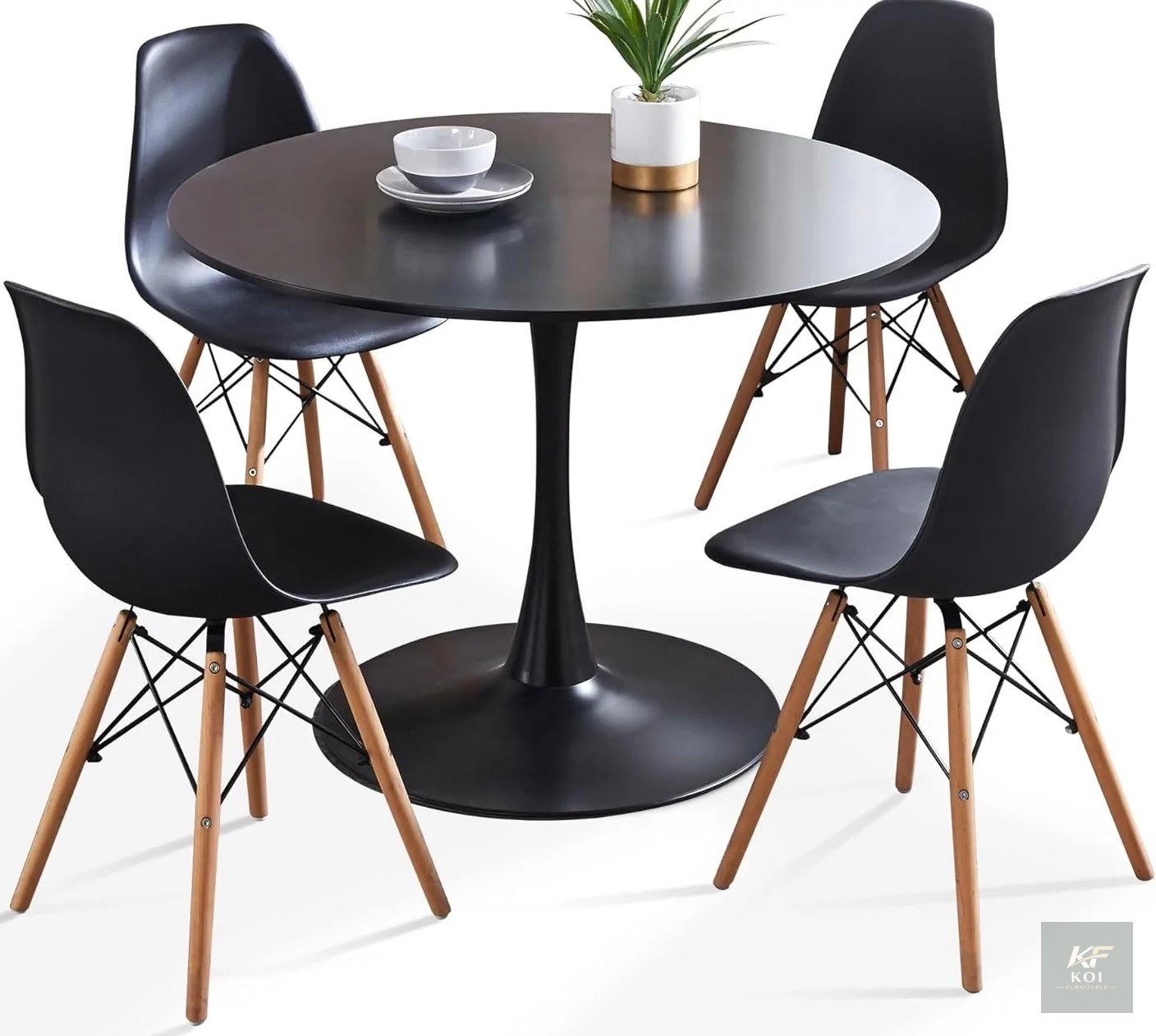 black Eames-style dining set, black Eames dining set, Eames dining table set, black dining table and chairs, modern dining set, Scandinavian dining set, contemporary dining furniture, dining table wit