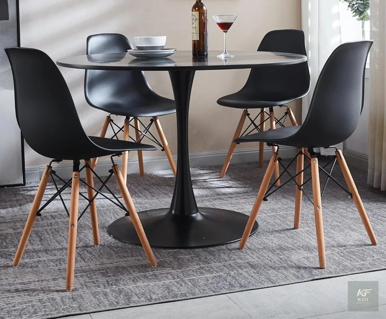 black Eames-style dining set, black Eames dining set, Eames dining table set, black dining table and chairs, modern dining set, Scandinavian dining set, contemporary dining furniture, dining table wit