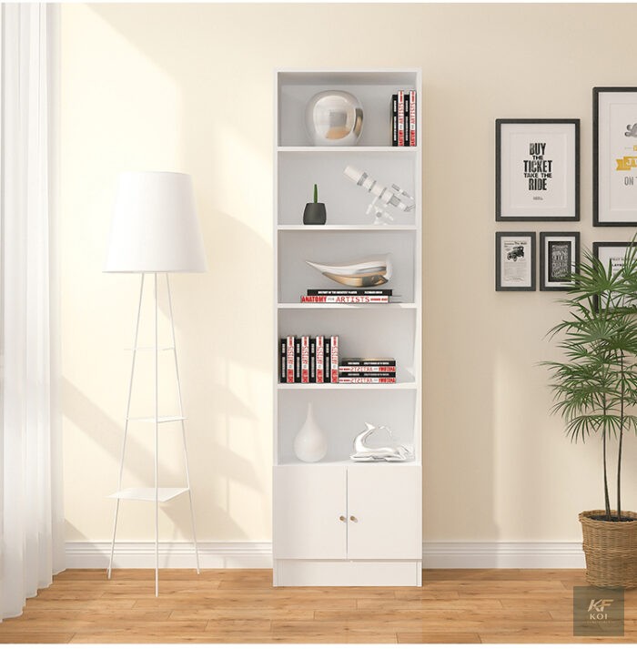 white Koi Furniture 5-tier bookcase, white 5-tier bookcase, 5-tier bookshelf, white bookshelf, modern bookcase, wooden bookcase, office bookshelf, home bookshelf, tall bookshelf, 5-level bookshelf, st