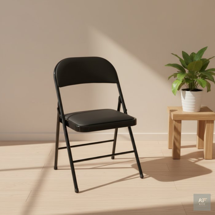 black padded metal folding chair, black folding chair, padded folding chair, metal folding chair, black padded chair, folding metal chair, portable folding chair, collapsible metal chair, padded metal