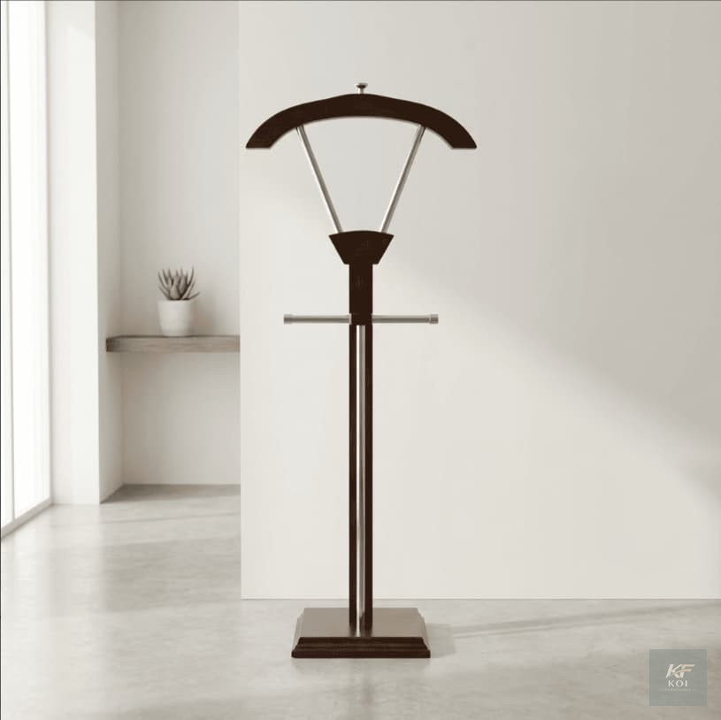 mahogany-finish suit valet stand, mahogany suit valet stand, suit valet stand, wooden valet stand, clothes valet stand, coat and trouser stand, suit hanger stand, clothes hanger stand, bedroom valet s