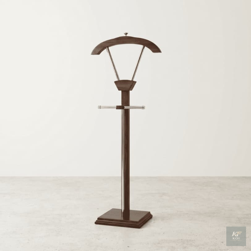 mahogany-finish suit valet stand, mahogany suit valet stand, suit valet stand, wooden valet stand, clothes valet stand, coat and trouser stand, suit hanger stand, clothes hanger stand, bedroom valet s