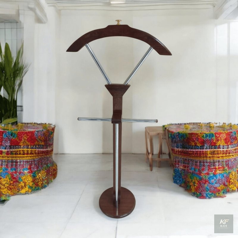 mahogany-finish suit valet stand, mahogany suit valet stand, suit valet stand, wooden valet stand, clothes valet stand, coat and trouser stand, suit hanger stand, clothes hanger stand, bedroom valet s