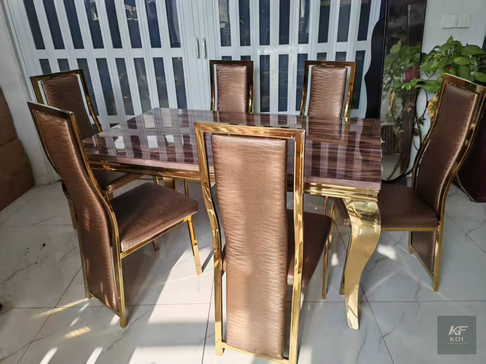 modern 6-seater marble and gold dining set, 6-seater dining set, marble dining table and chairs, gold dining set, marble and gold dining table, modern dining table set, luxury dining set, elegant dini