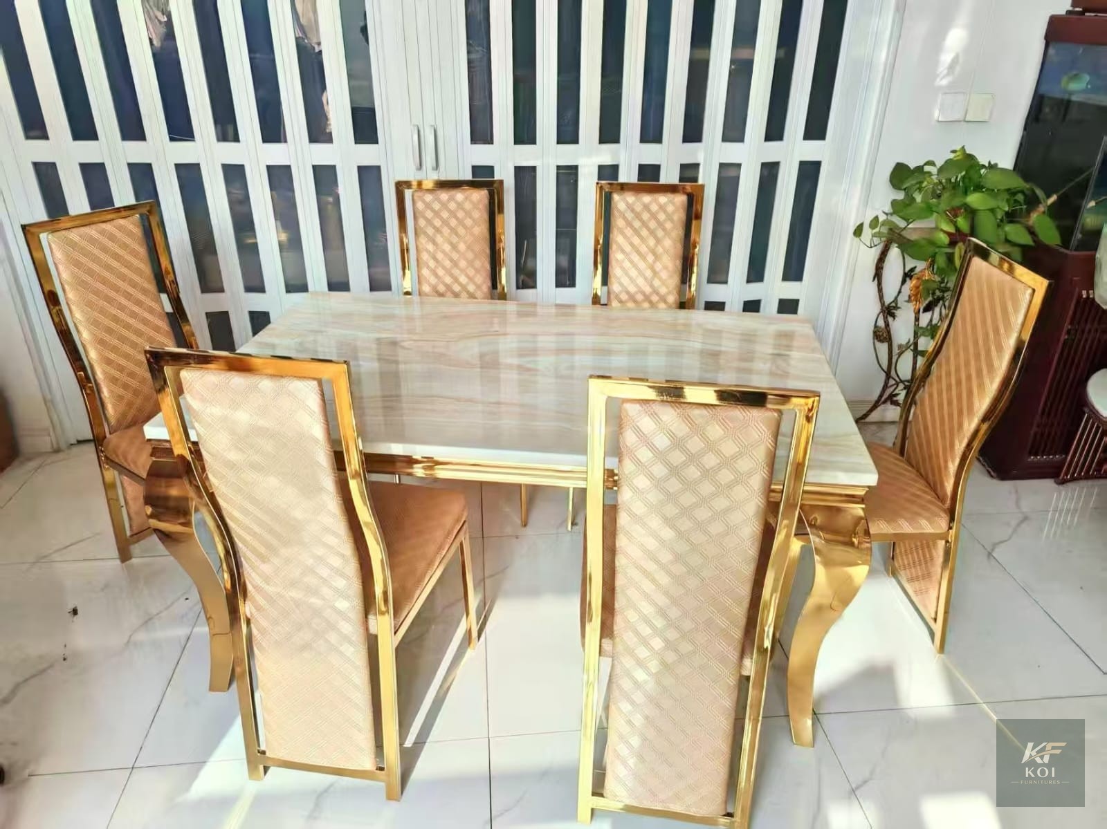modern 6-seater marble and gold dining set, 6-seater dining set, marble dining table and chairs, gold dining set, marble and gold dining table, modern dining table set, luxury dining set, elegant dini