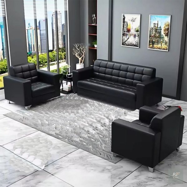 modern black faux-leather 3-seater sofa, black faux-leather sofa, black 3-seater sofa, modern 3-seater sofa, contemporary black sofa, faux leather couch, black leather-look sofa, modern living room so