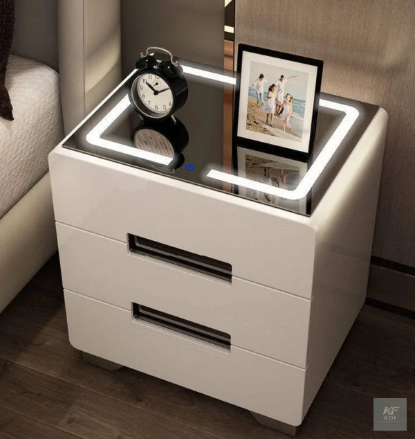 modern white smart bedside table, white smart bedside table, modern bedside table, white nightstand, smart nightstand, modern nightstand, white bedside cabinet, bedside storage table, bedroom side tab