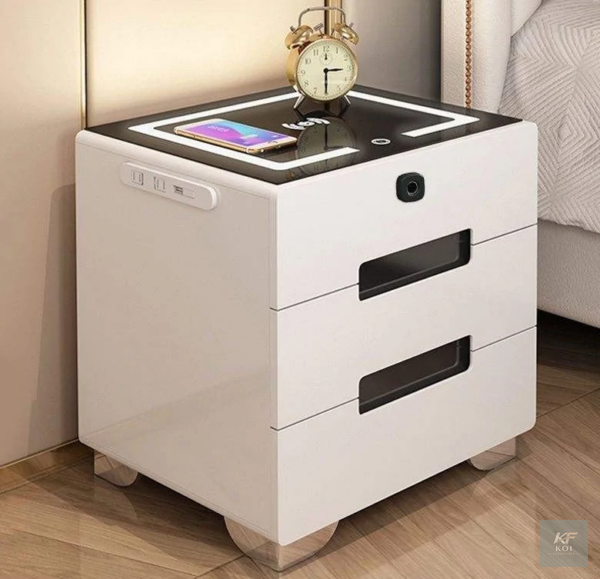 modern white smart bedside table, white smart bedside table, modern bedside table, white nightstand, smart nightstand, modern nightstand, white bedside cabinet, bedside storage table, bedroom side tab