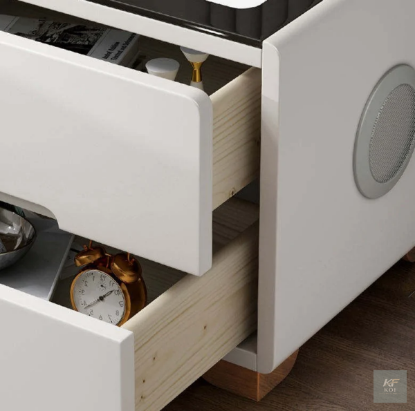 modern white smart bedside table, white smart bedside table, modern bedside table, white nightstand, smart nightstand, modern nightstand, white bedside cabinet, bedside storage table, bedroom side tab