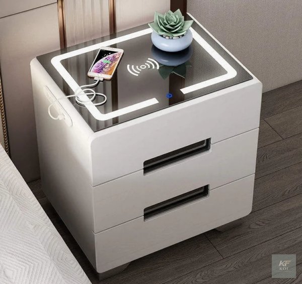 modern white smart bedside table, white smart bedside table, modern bedside table, white nightstand, smart nightstand, modern nightstand, white bedside cabinet, bedside storage table, bedroom side tab