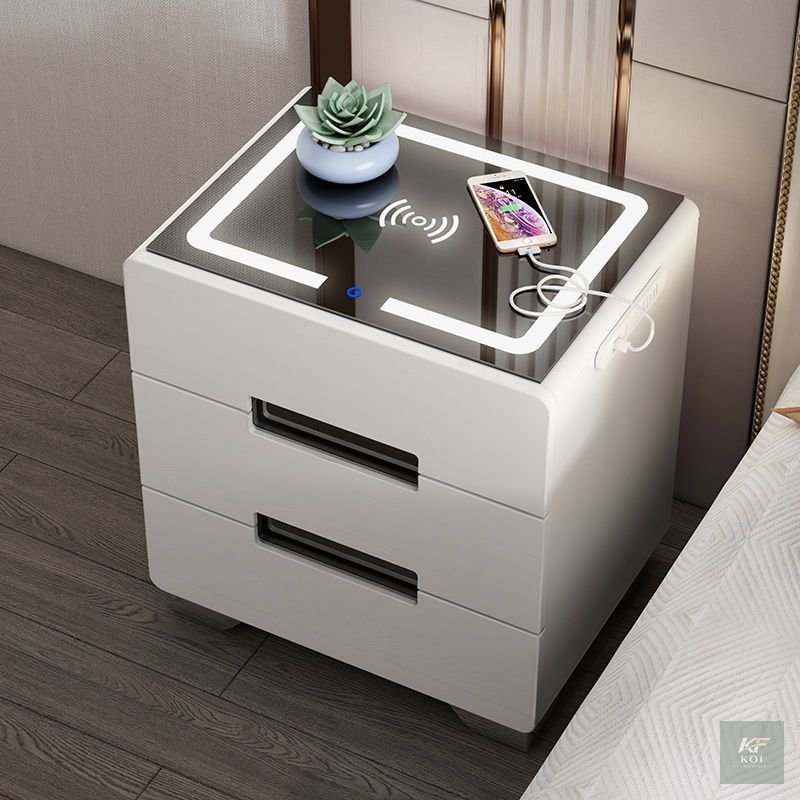 modern white smart bedside table, white smart bedside table, modern bedside table, white nightstand, smart nightstand, modern nightstand, white bedside cabinet, bedside storage table, bedroom side tab