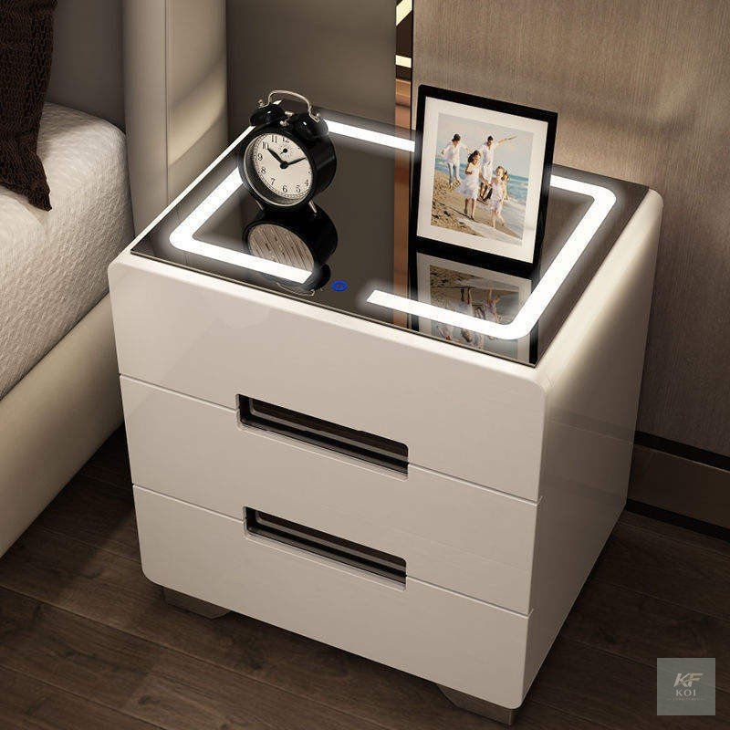 modern white smart bedside table, white smart bedside table, modern bedside table, white nightstand, smart nightstand, modern nightstand, white bedside cabinet, bedside storage table, bedroom side tab