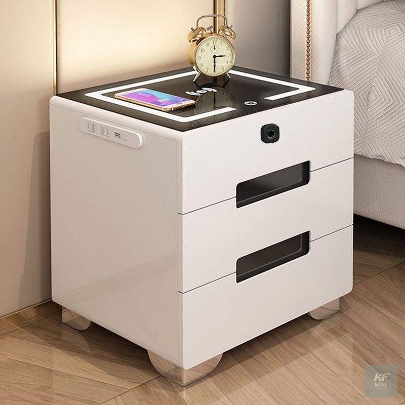 modern white smart bedside table, white smart bedside table, modern bedside table, white nightstand, smart nightstand, modern nightstand, white bedside cabinet, bedside storage table, bedroom side tab