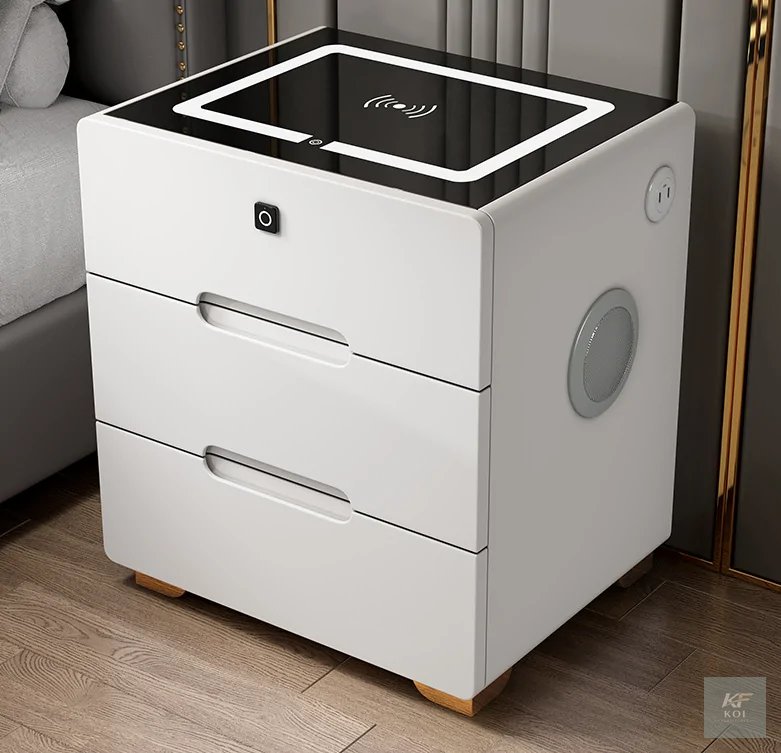 modern white smart bedside table, white smart bedside table, modern bedside table, white nightstand, smart nightstand, modern nightstand, white bedside cabinet, bedside storage table, bedroom side tab