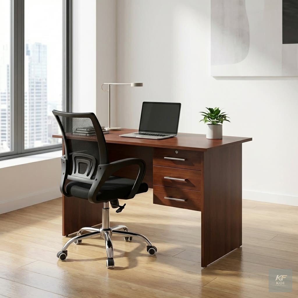 1.2-meter wooden office desk and mesh swivel chair set, 1.2M wooden office desk and chair, wooden office desk combo Kenya, wooden study desk with mesh chair, 120cm office desk and chair set, wooden co