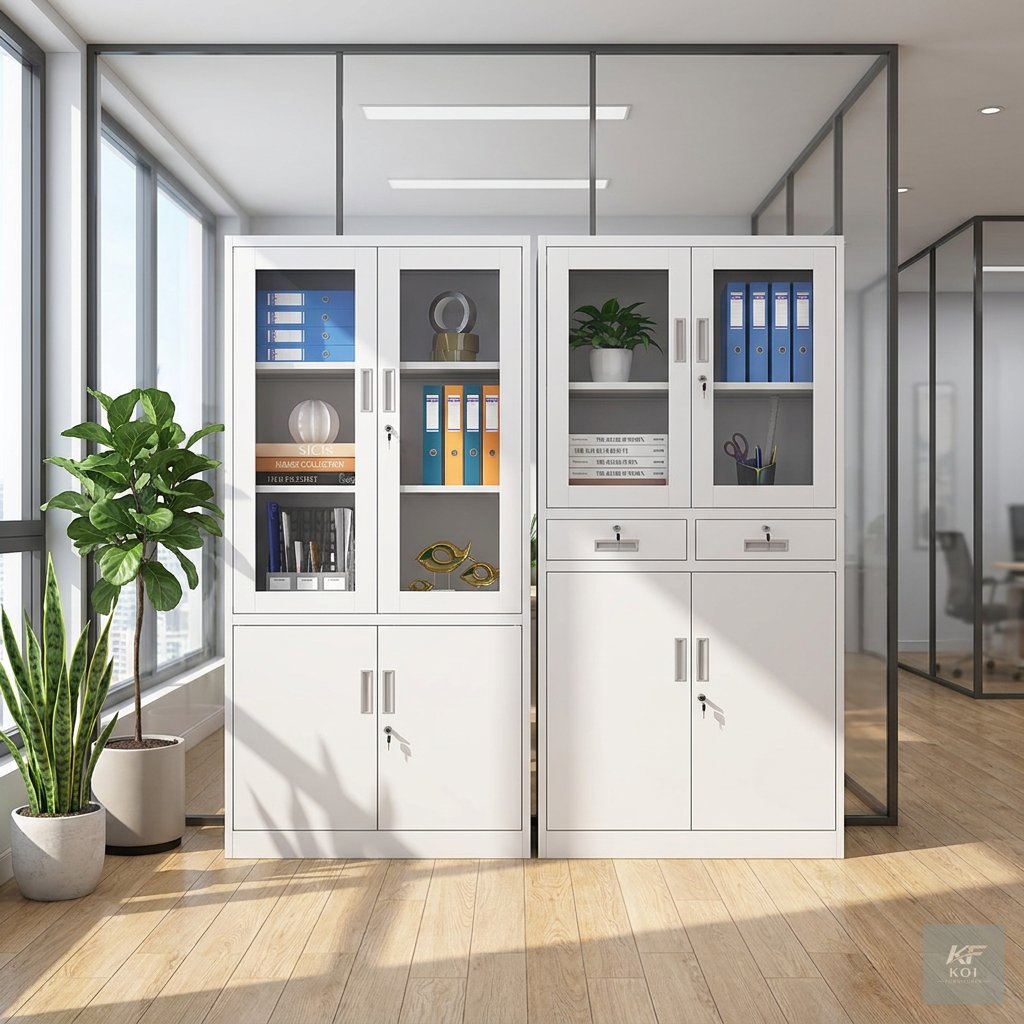 2-Door Glass Office Storage and Filing Cabinet, 2-door glass office cabinet, glass office filing cabinet, two-door office storage cabinet, glass-front office cabinet, metallic glass office cabinet, of