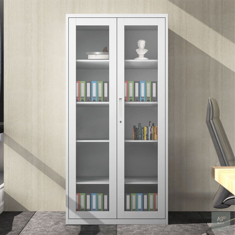 2-Door full-glass metallic office cabinet, 2-door glass office cabinet, full-glass metal office cupboard, metallic office storage cabinet, steel office cabinet with glass doors, double-door glass disp