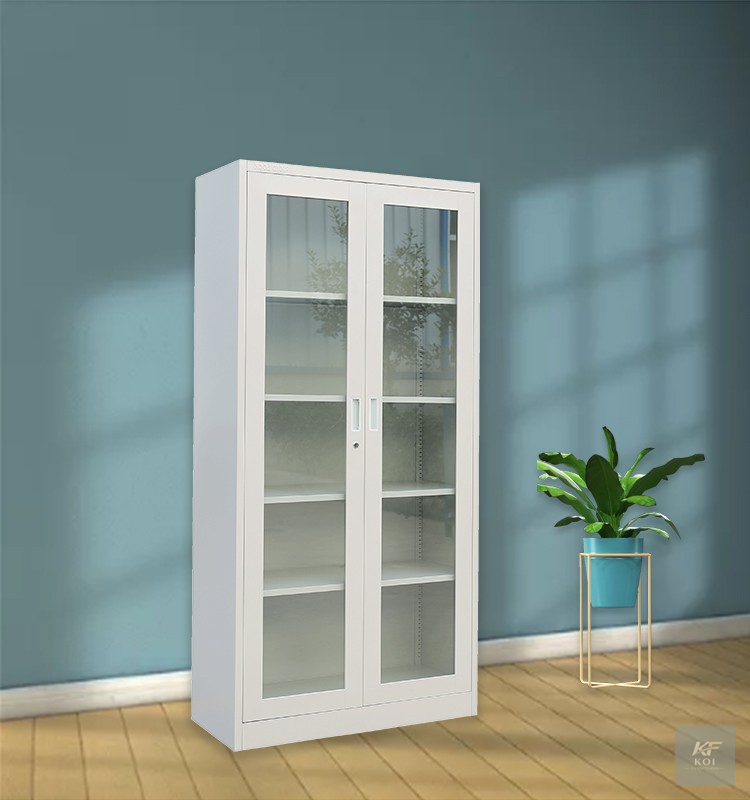 2-Door full-glass metallic office cabinet, 2-door glass office cabinet, full-glass metal office cupboard, metallic office storage cabinet, steel office cabinet with glass doors, double-door glass disp