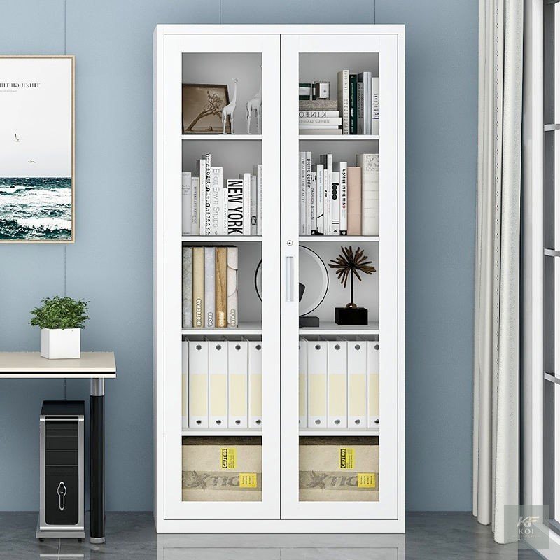 2-Door full-glass metallic office cabinet, 2-door glass office cabinet, full-glass metal office cupboard, metallic office storage cabinet, steel office cabinet with glass doors, double-door glass disp