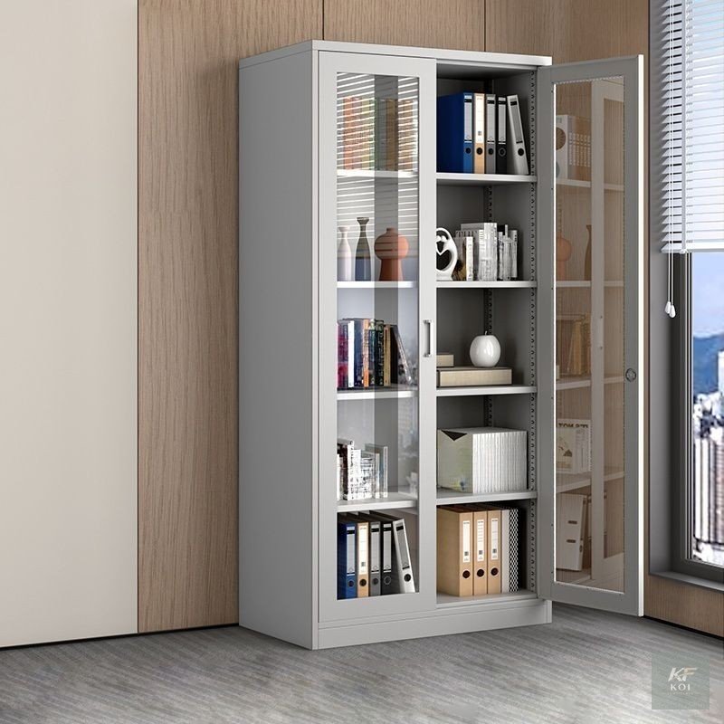2-Door full-glass metallic office cabinet, 2-door glass office cabinet, full-glass metal office cupboard, metallic office storage cabinet, steel office cabinet with glass doors, double-door glass disp