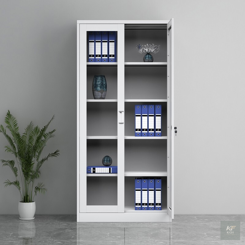 2-Door full-glass metallic office cabinet, 2-door glass office cabinet, full-glass metal office cupboard, metallic office storage cabinet, steel office cabinet with glass doors, double-door glass disp