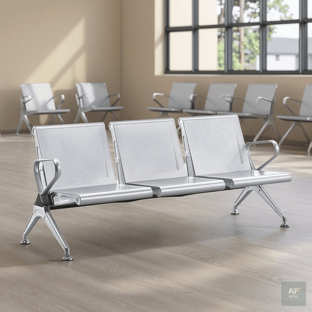 3-seater metallic perforated waiting or reception bench, 3-seater metallic waiting bench Kenya, perforated reception bench Nairobi, three-seater office waiting bench, metal reception seating Kenya, pe