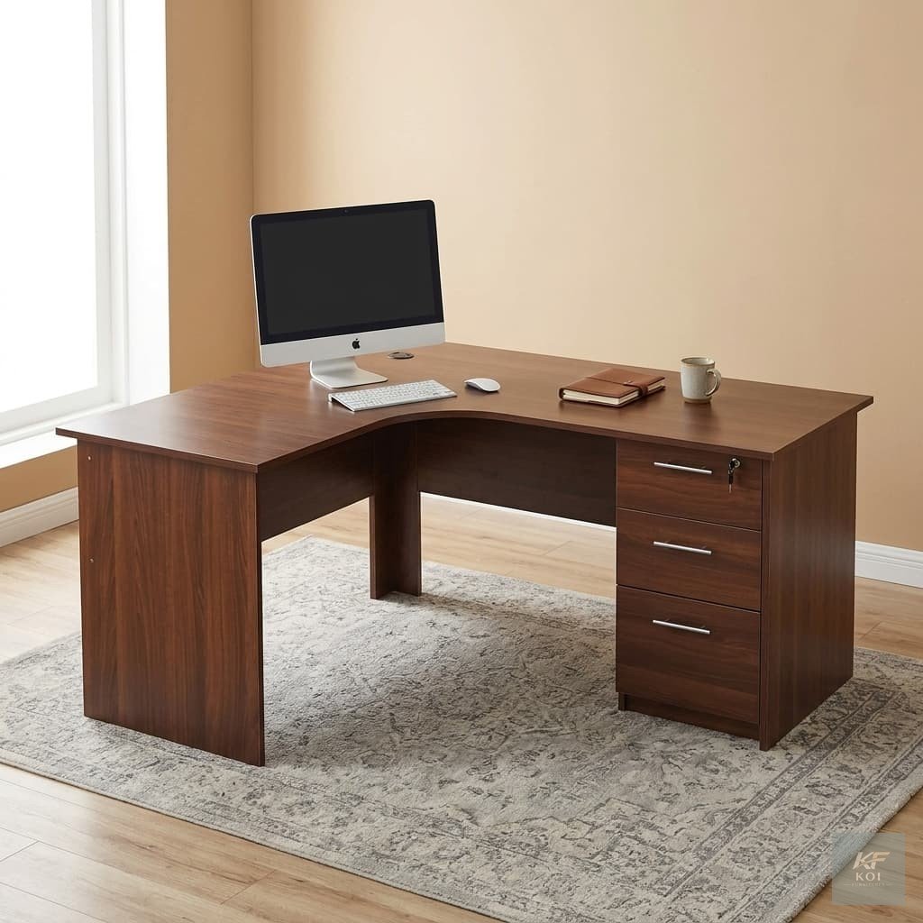Brown L-Shaped Curved Office and Study Desk, brown L-shaped office desk Kenya, curved executive office desk Nairobi, modern brown corner desk, L-shaped wooden study desk, curved office workstation, br