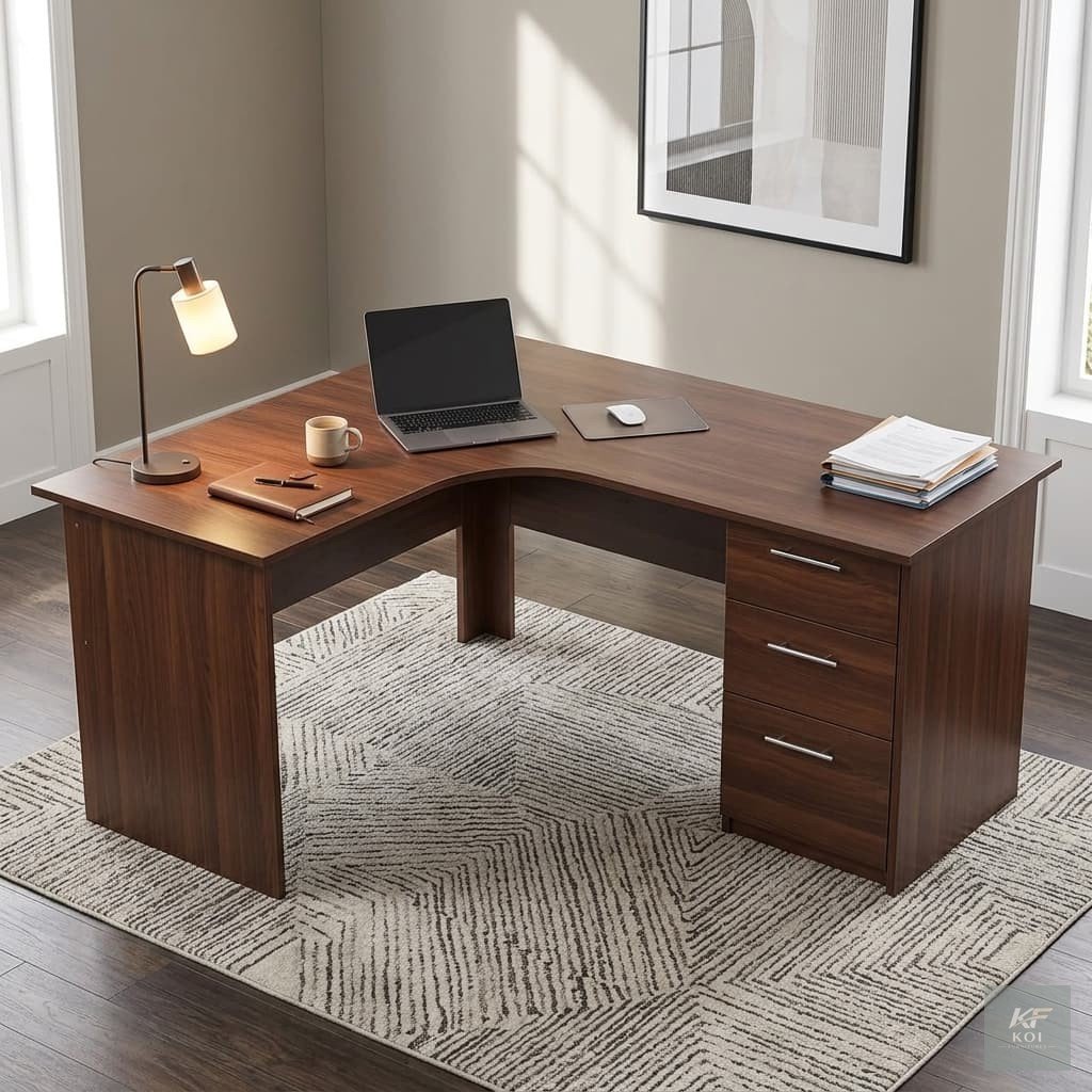 Brown L-Shaped Curved Office and Study Desk, brown L-shaped office desk Kenya, curved executive office desk Nairobi, modern brown corner desk, L-shaped wooden study desk, curved office workstation, br