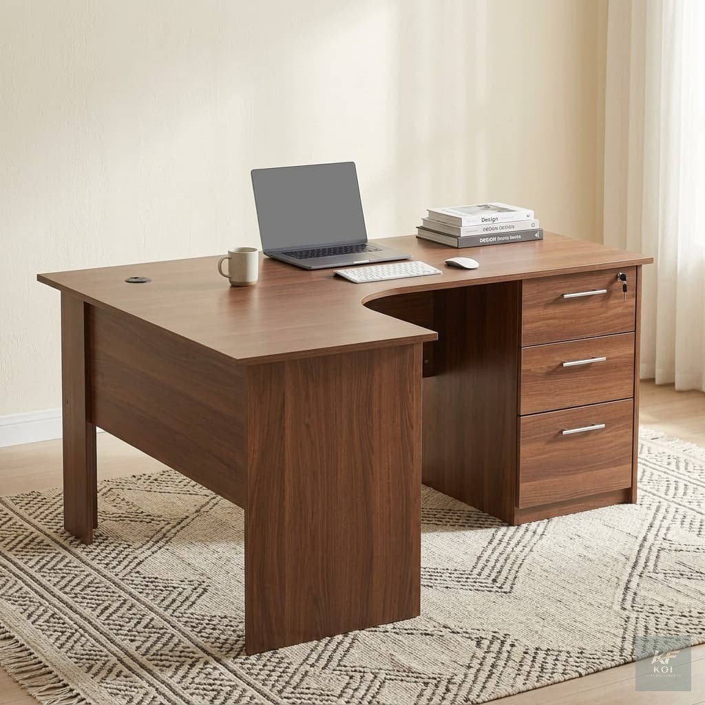 Brown L-Shaped Curved Office and Study Desk, brown L-shaped office desk Kenya, curved executive office desk Nairobi, modern brown corner desk, L-shaped wooden study desk, curved office workstation, br
