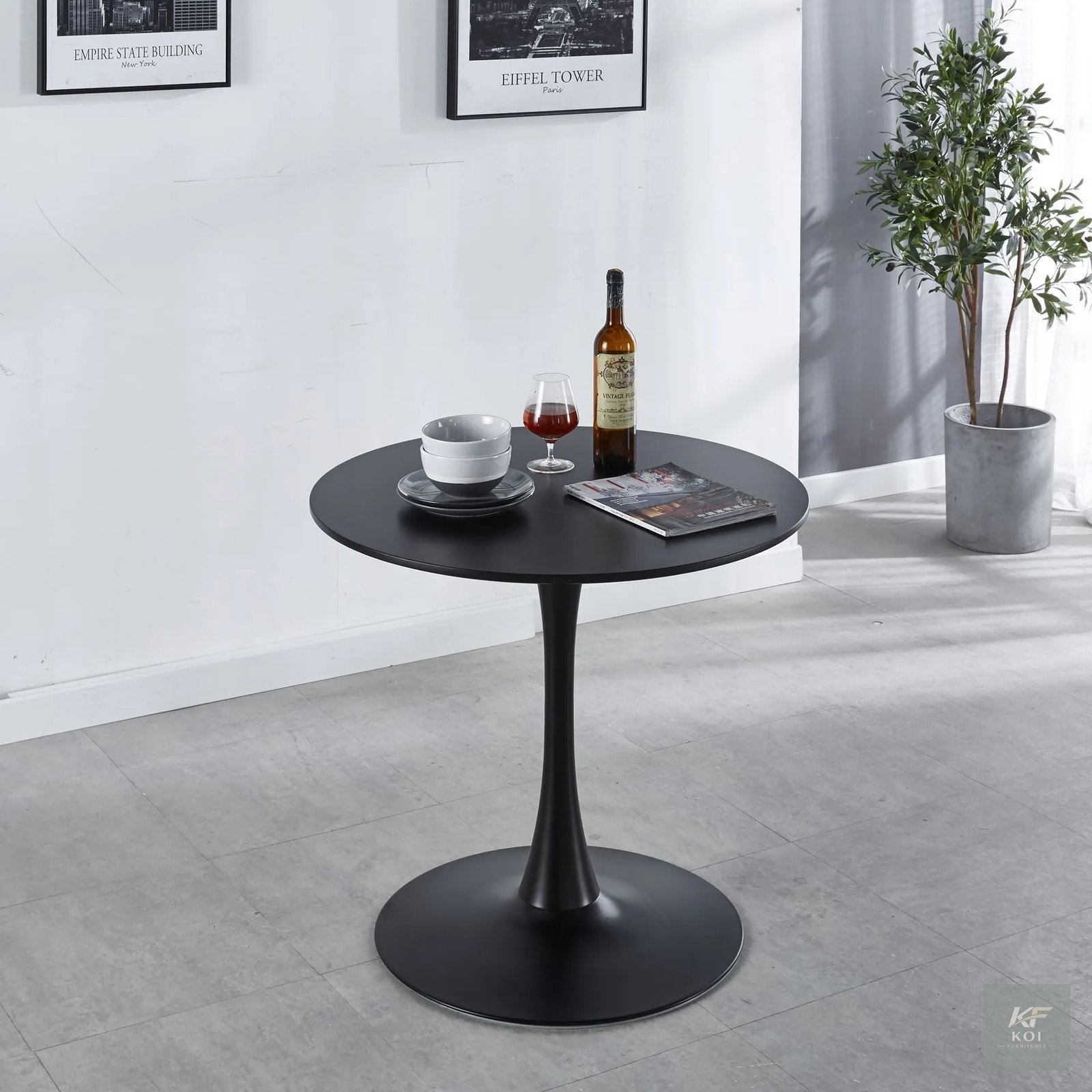 Modern Black Round Pedestal Table, black round pedestal table, modern round table, black pedestal dining table, round black table, contemporary pedestal table, minimalist round table, black circular t