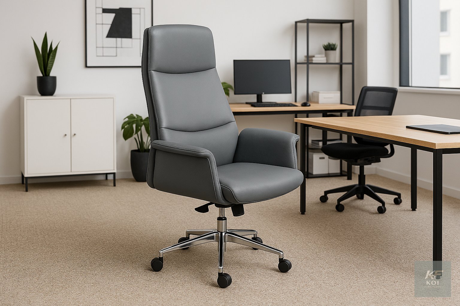Modern gray high-back executive office chair, grey executive office chair, high-back office chair, modern executive chair, gray ergonomic office chair, adjustable executive chair, grey high-back swive