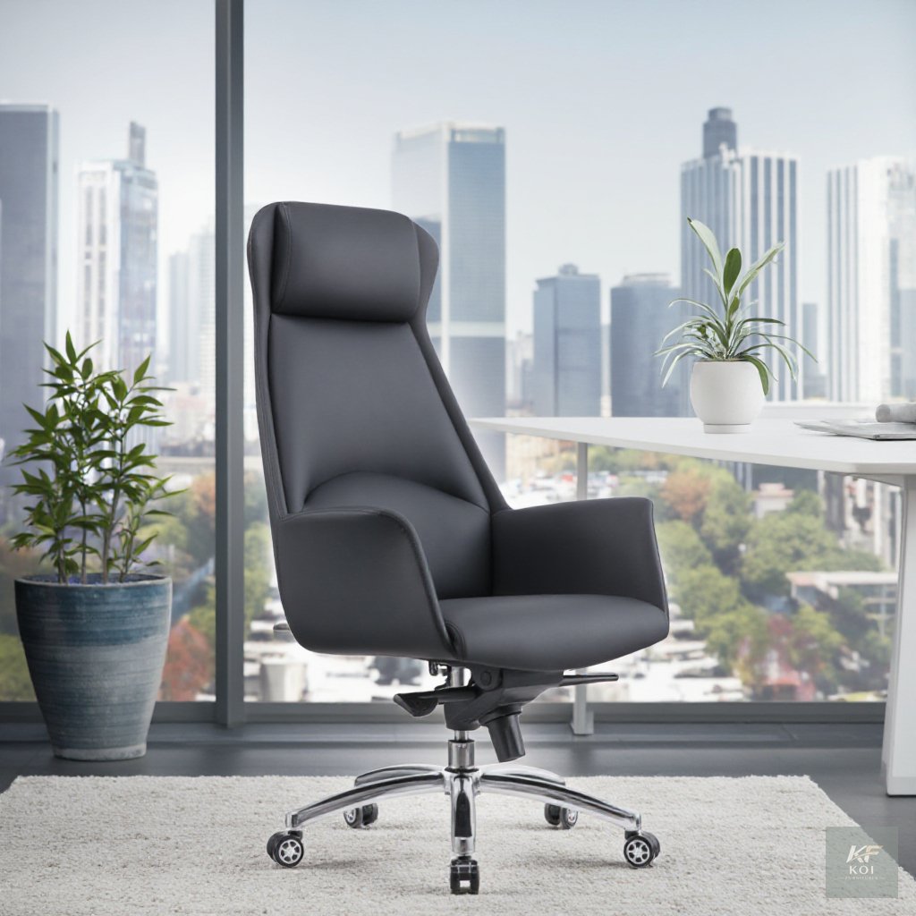 Modern gray high-back executive office chair, grey executive office chair, high-back office chair, modern executive chair, gray ergonomic office chair, adjustable executive chair, grey high-back swive