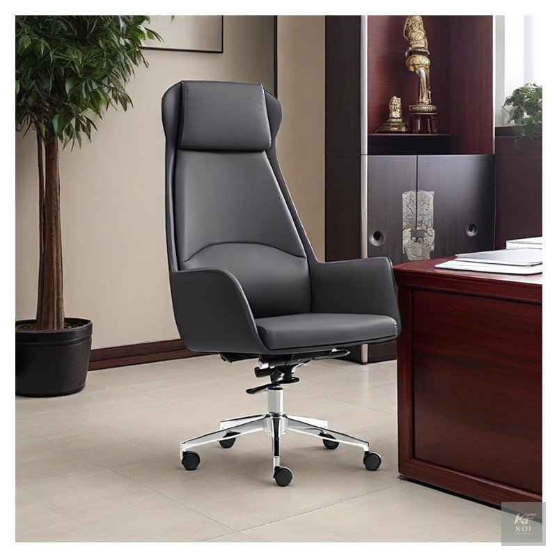 Modern gray high-back executive office chair, grey executive office chair, high-back office chair, modern executive chair, gray ergonomic office chair, adjustable executive chair, grey high-back swive