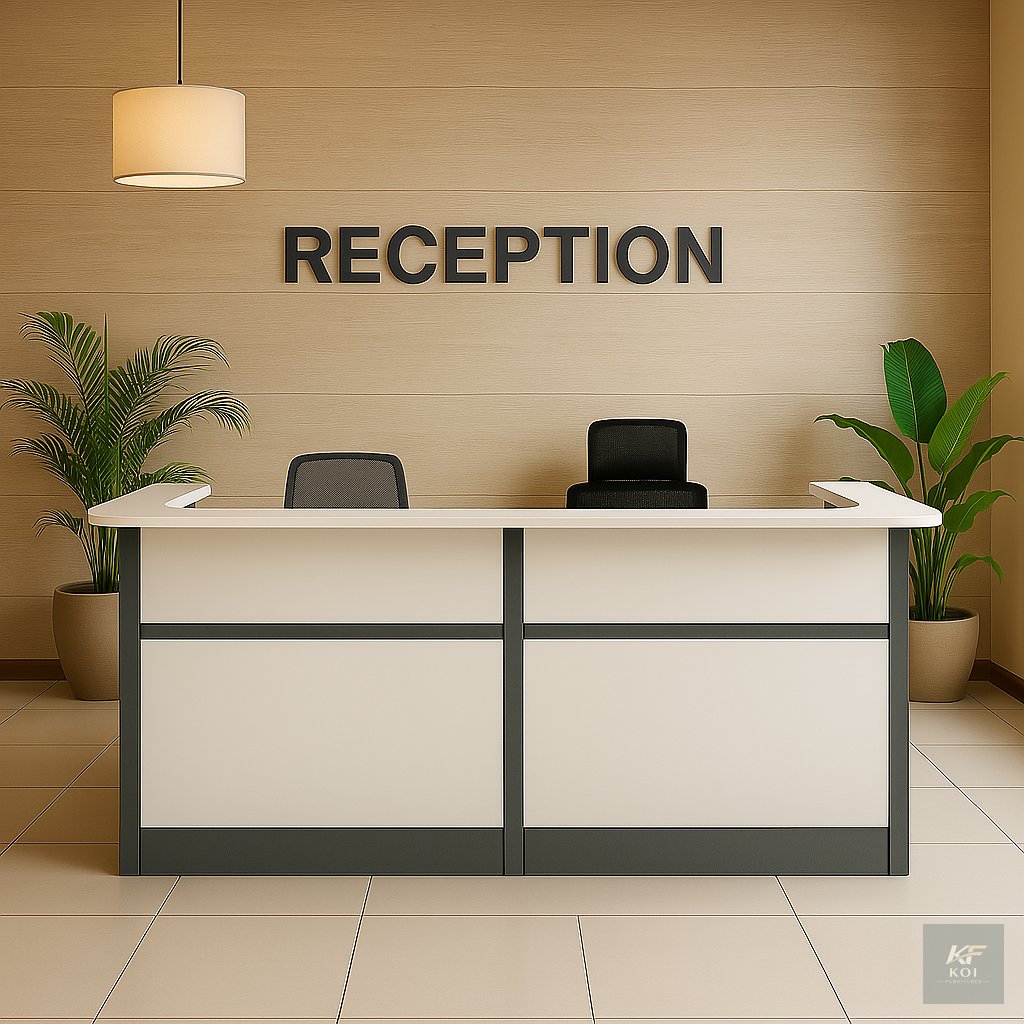 Modern white and dark gray reception desk, white and dark grey reception counter, modern reception desk, two-tone office reception desk, white grey front office desk, contemporary reception counter, e