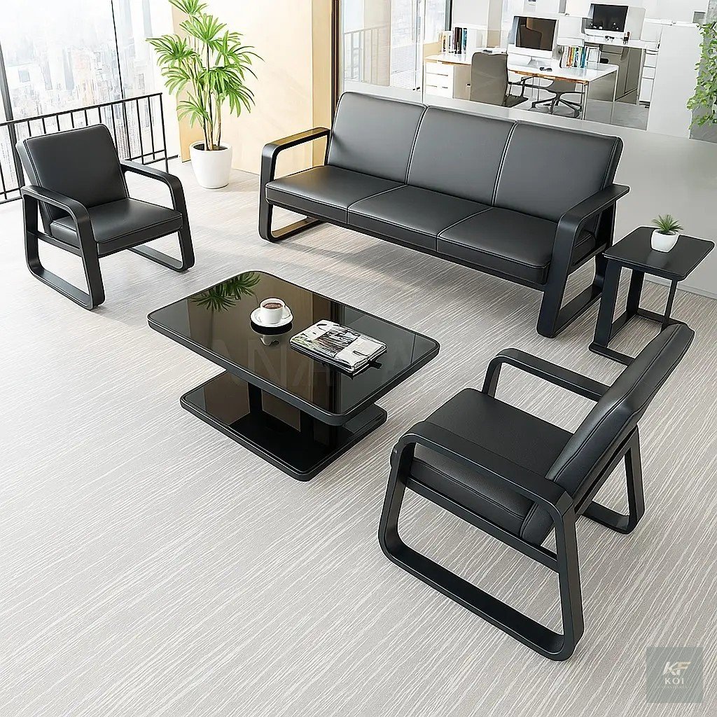 Sleek black PU leather office sofa set, black PU leather office sofa, metal frame office sofa set, modern black office sofa, executive office sofa set, black leather office couch, PU leather reception