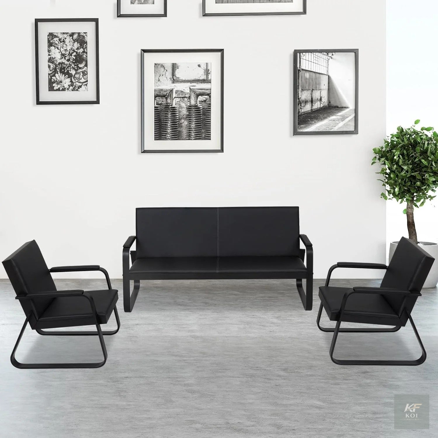 Sleek black PU leather office sofa set, black PU leather office sofa, metal frame office sofa set, modern black office sofa, executive office sofa set, black leather office couch, PU leather reception