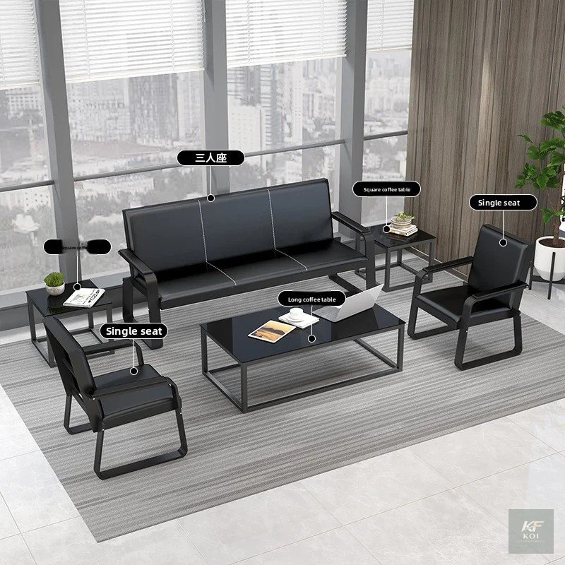 Sleek black PU leather office sofa set, black PU leather office sofa, metal frame office sofa set, modern black office sofa, executive office sofa set, black leather office couch, PU leather reception