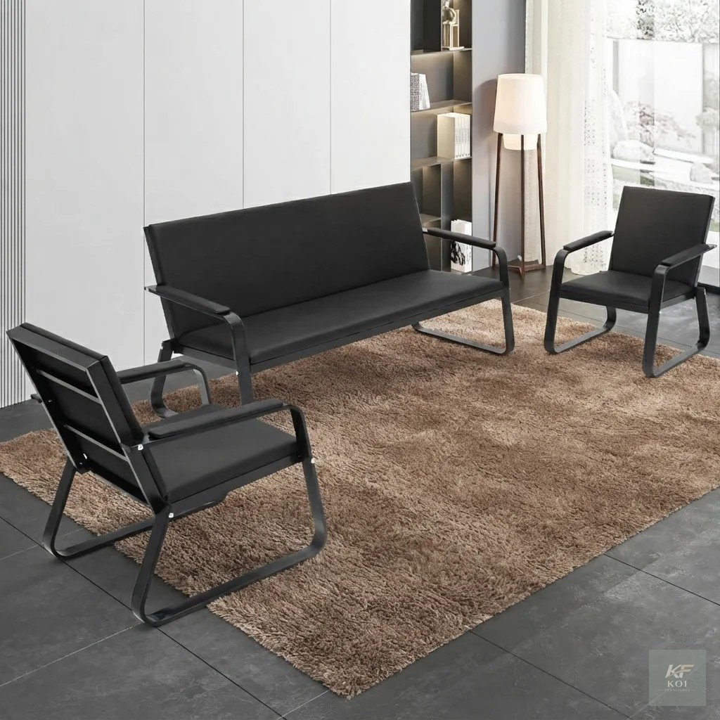 Sleek black PU leather office sofa set, black PU leather office sofa, metal frame office sofa set, modern black office sofa, executive office sofa set, black leather office couch, PU leather reception